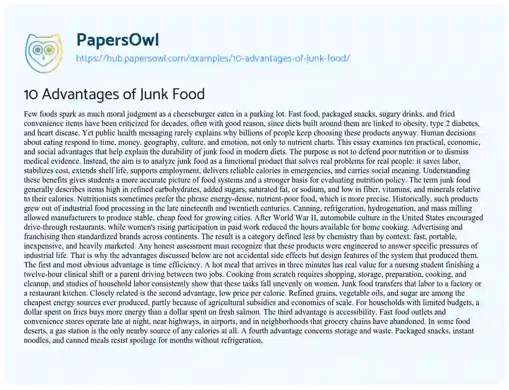 Essay on 10 Advantages of Junk Food