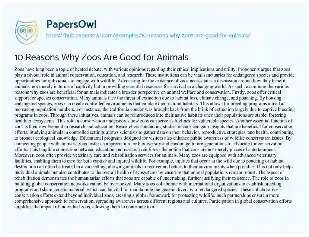 Essay on 10 Reasons Why Zoos Are Good for Animals