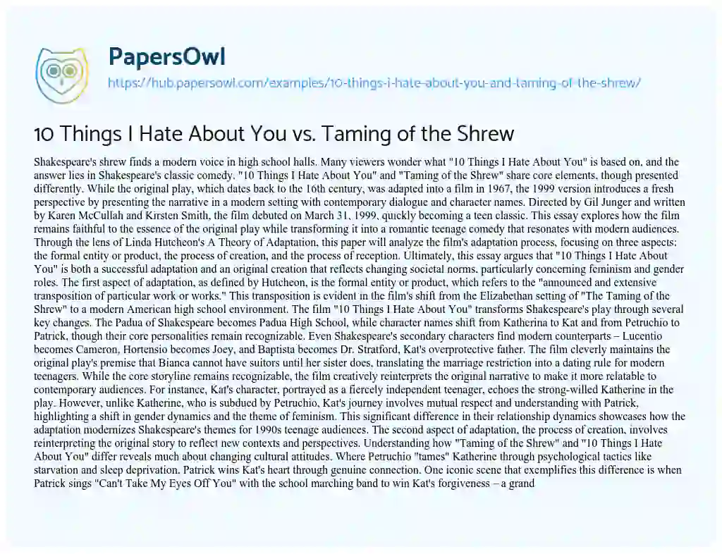 Essay on 10 Things I Hate About You vs. Taming of the Shrew