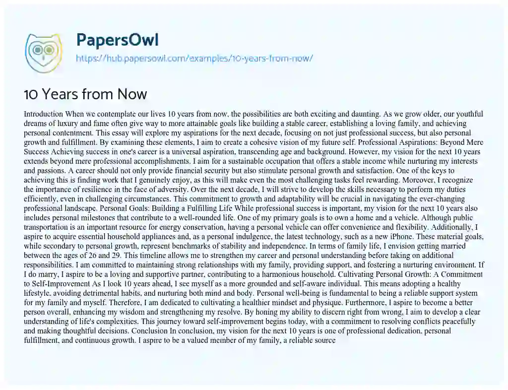 Essay on 10 Years from Now