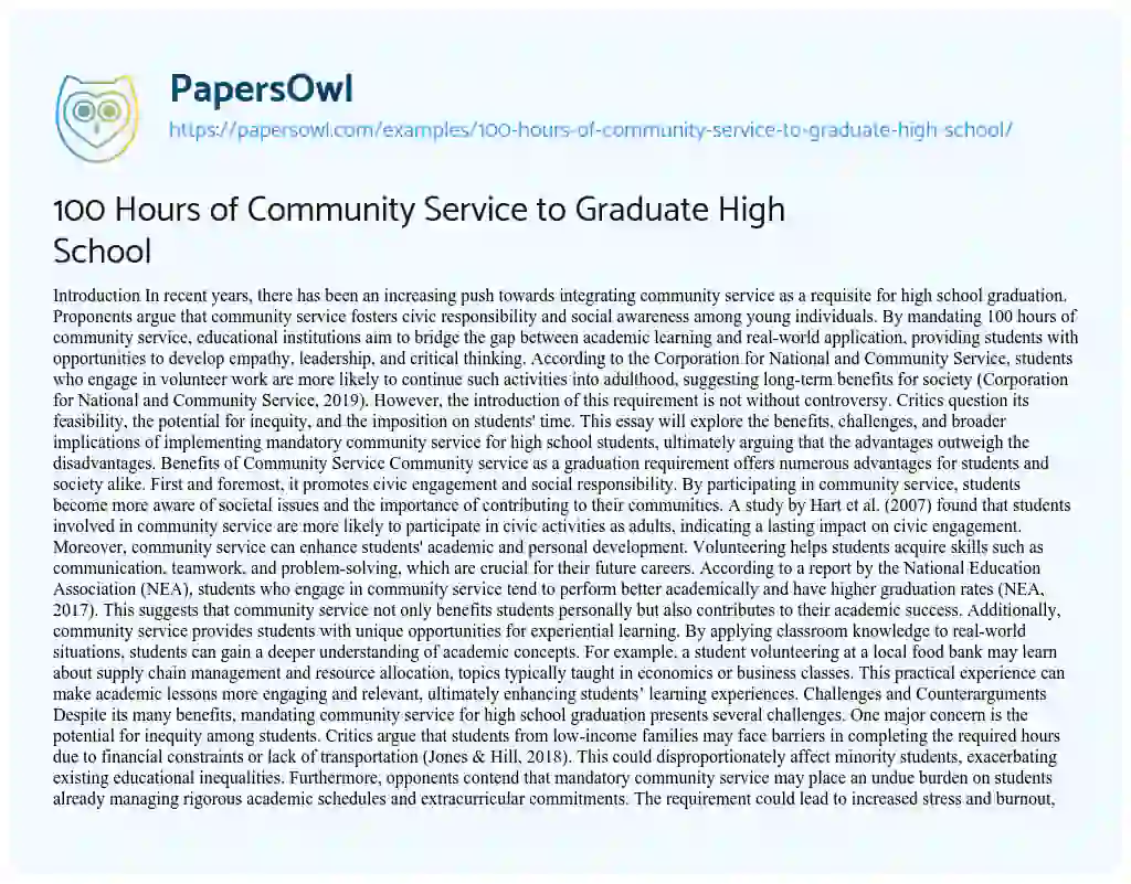 Essay on 100 Hours of Community Service to Graduate High School