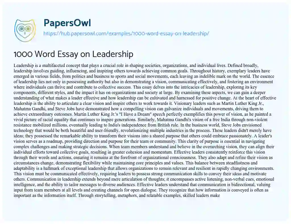 Essay on 1000 Word Essay on Leadership