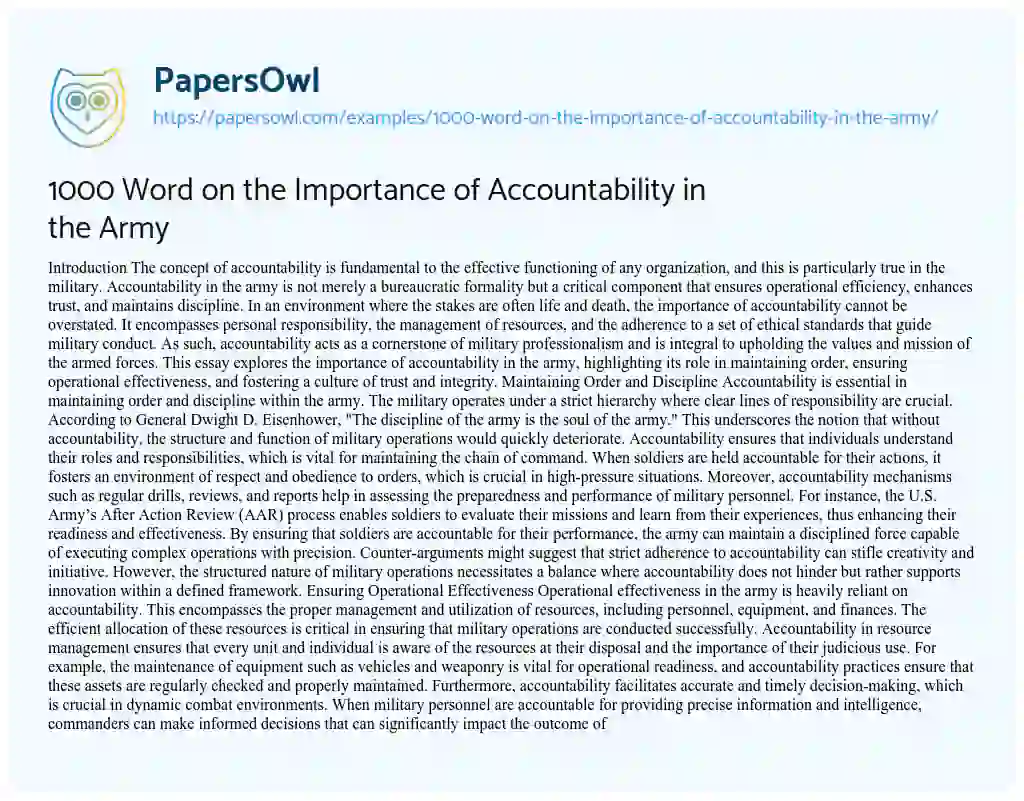 Essay on 1000 Word on the Importance of Accountability in the Army