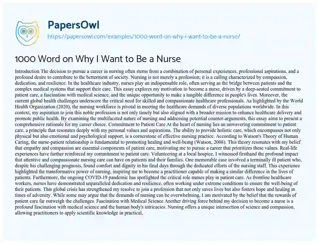 Essay on 1000 Word on Why I Want to Be a Nurse
