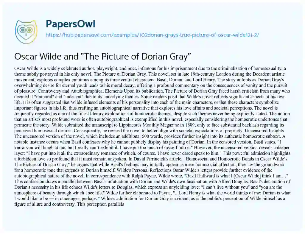 Essay on Oscar Wilde and “The Picture of Dorian Gray”