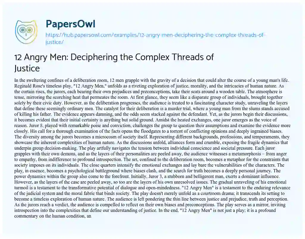 Essay on 12 Angry Men: Deciphering the Complex Threads of Justice