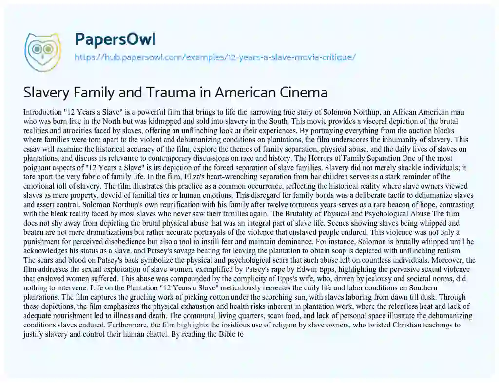 Essay on Slavery Family and Trauma in American Cinema