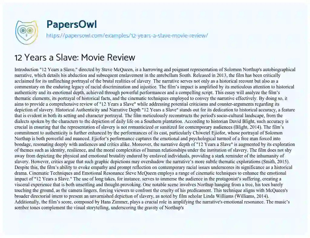 Essay on 12 Years a Slave: Movie Review
