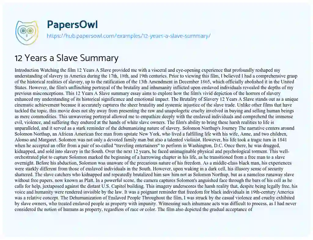 Essay on 12 Years a Slave Summary