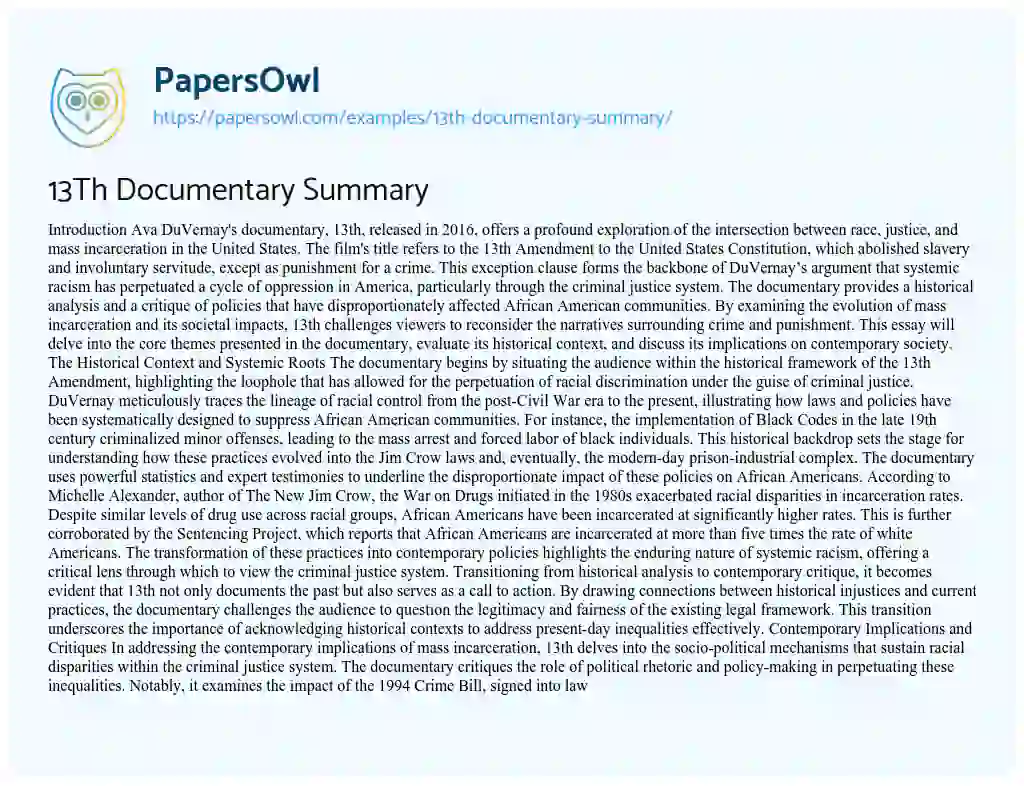 Essay on 13Th Documentary Summary