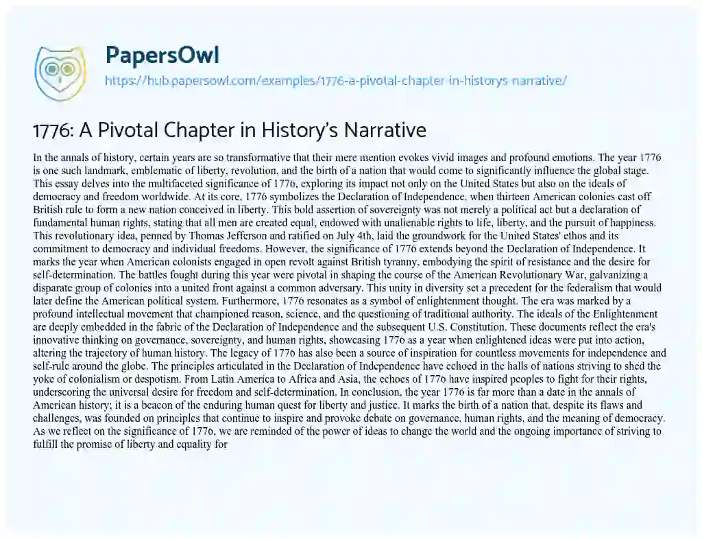 Essay on 1776: A Pivotal Chapter in History’s Narrative