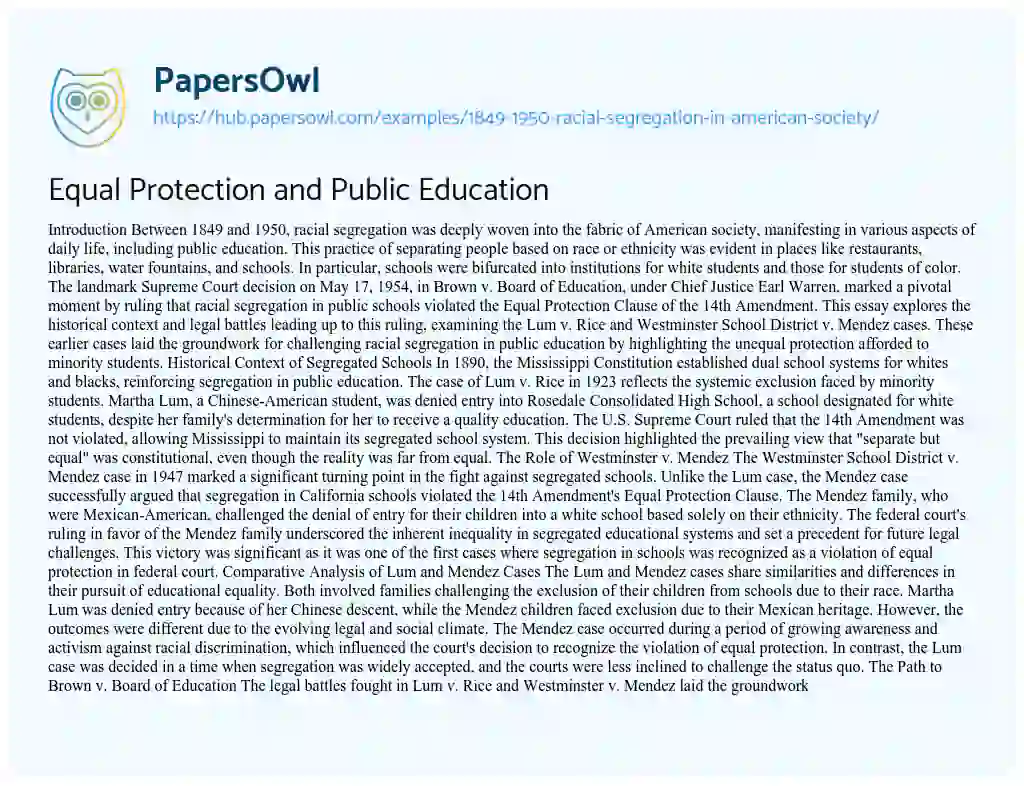 Essay on Equal Protection and Public Education