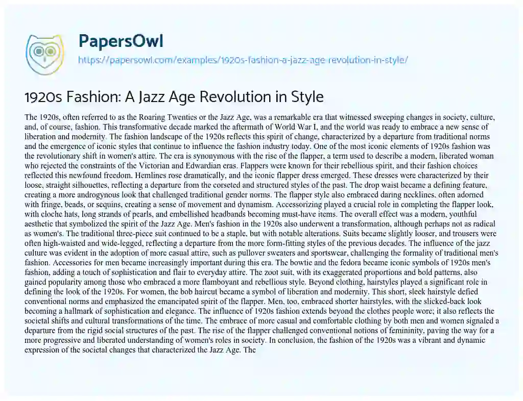 Essay on 1920s Fashion: A Jazz Age Revolution in Style