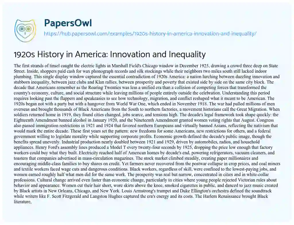 Essay on 1920s History in America: Innovation and Inequality