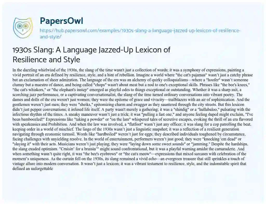 Essay on 1930s Slang: A Language Jazzed-Up Lexicon of Resilience and Style