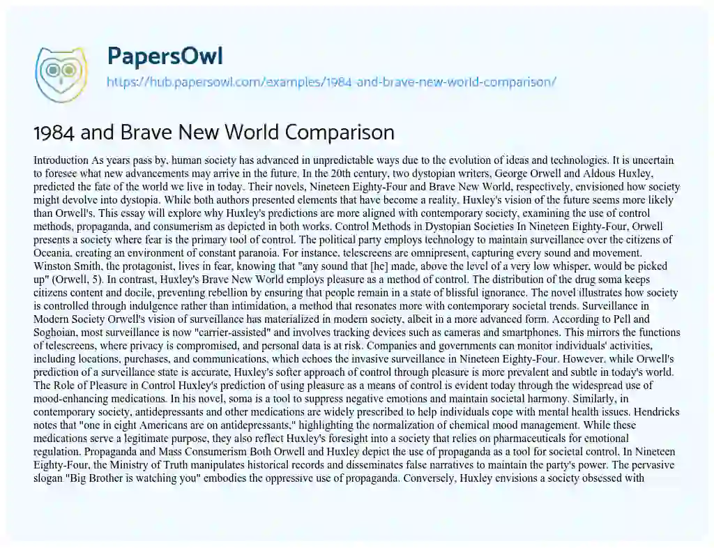 Essay on 1984 and Brave New World Comparison