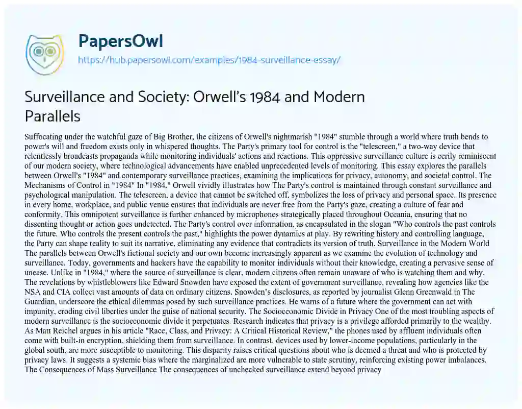 Essay on Surveillance and Society: Orwell’s 1984 and Modern Parallels