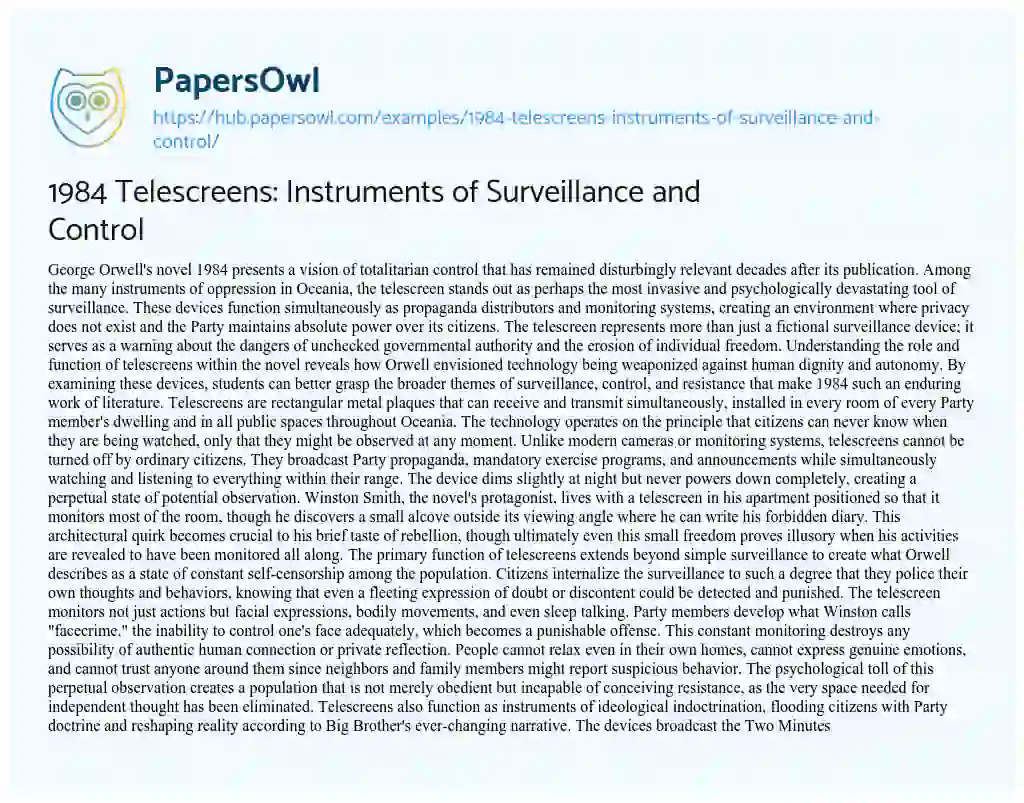 Essay on 1984 Telescreens: Instruments of Surveillance and Control