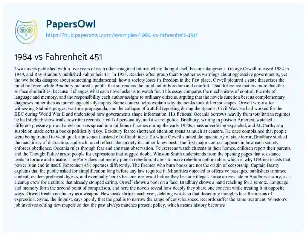 Essay on 1984 vs Fahrenheit 451