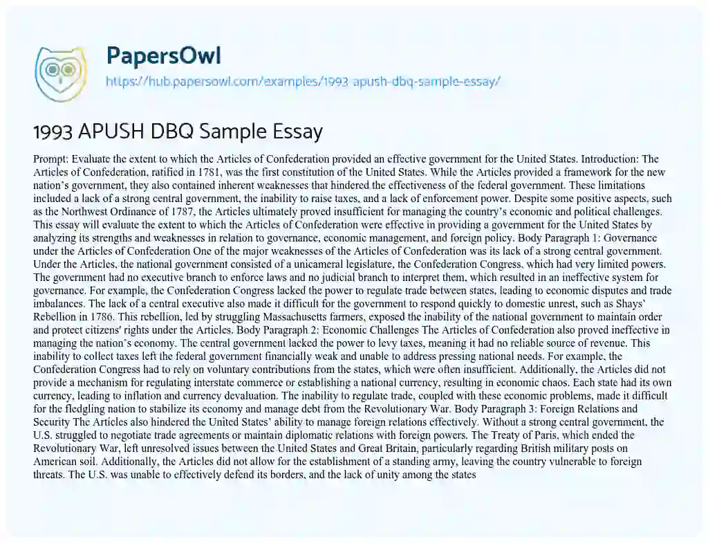 Essay on 1993 APUSH DBQ Sample Essay
