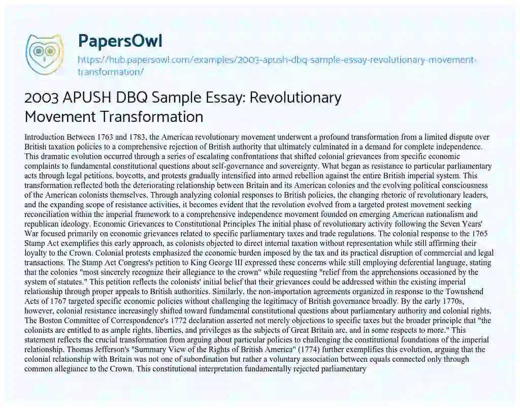 Essay on 2003 APUSH DBQ Sample Essay: Revolutionary Movement Transformation