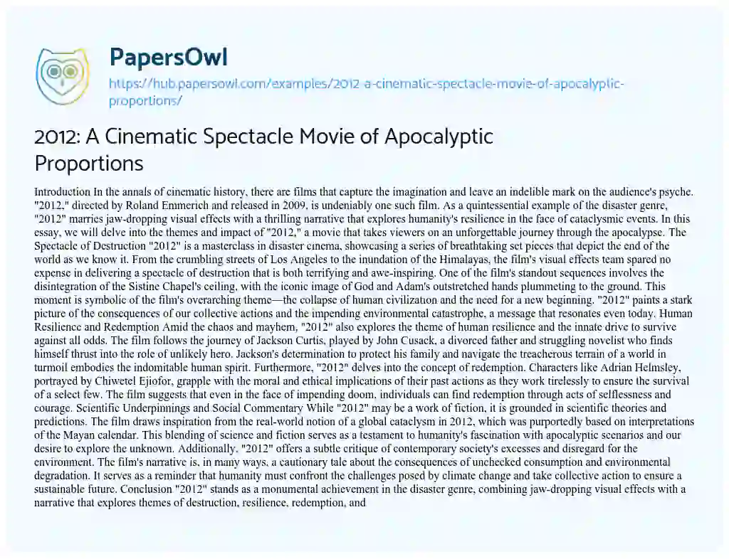 Essay on 2012: A Cinematic Spectacle Movie of Apocalyptic Proportions