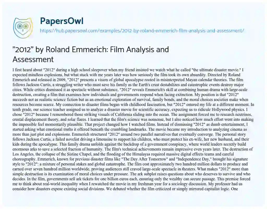 Essay on “2012” by Roland Emmerich: Film Analysis and Assessment