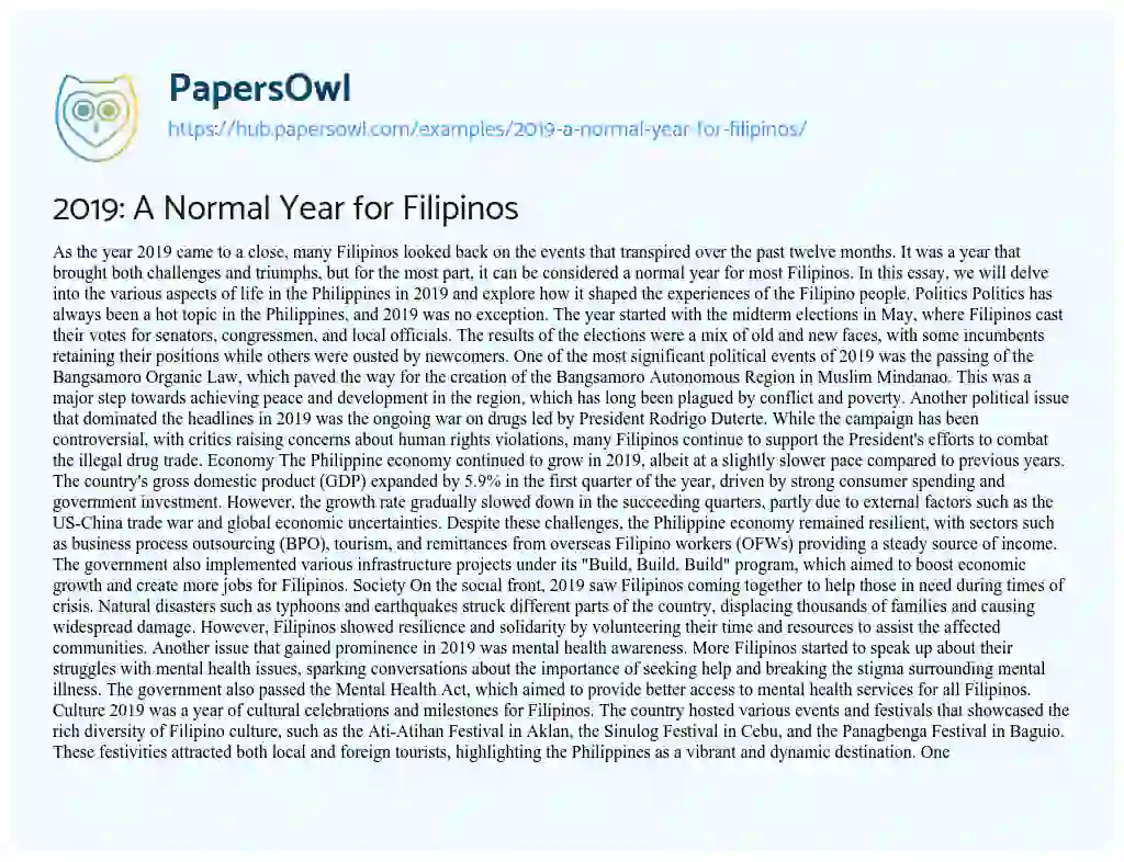Essay on 2019: A Normal Year for Filipinos