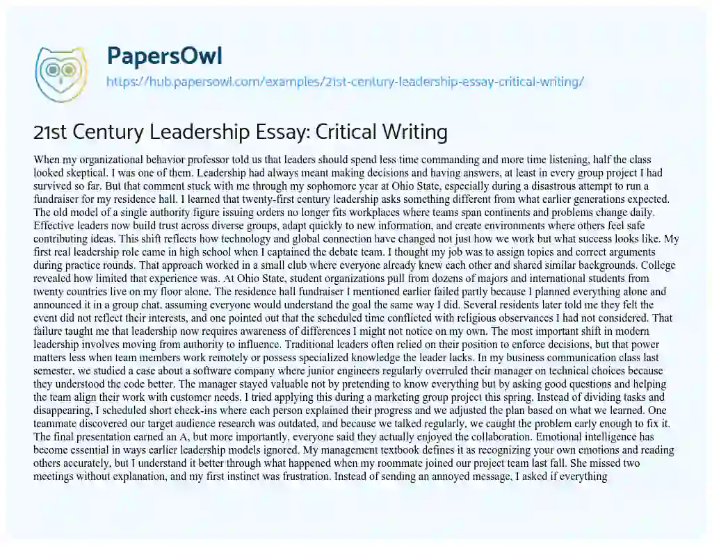 Essay on 21st Century Leadership Essay: Critical Writing