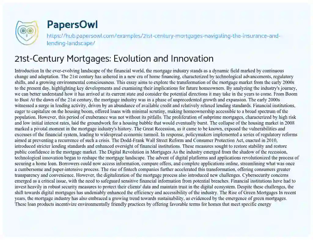 Essay on 21st-Century Mortgages: Evolution and Innovation
