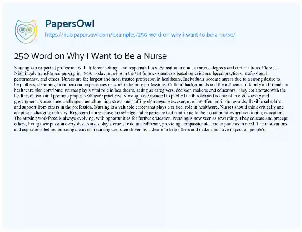 Essay on 250 Word on Why I Want to Be a Nurse