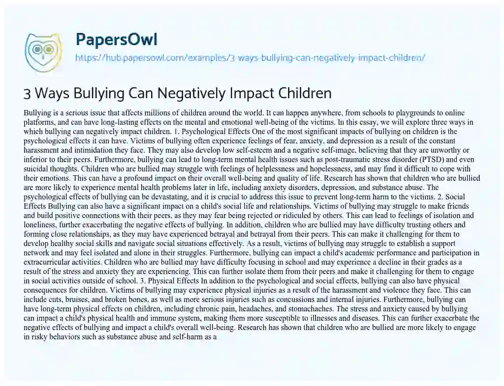 Essay on 3 Ways Bullying Can Negatively Impact Children