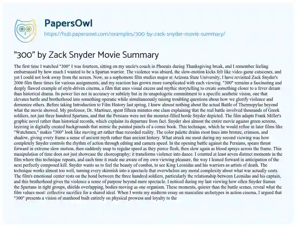 Essay on “300” by Zack Snyder Movie Summary