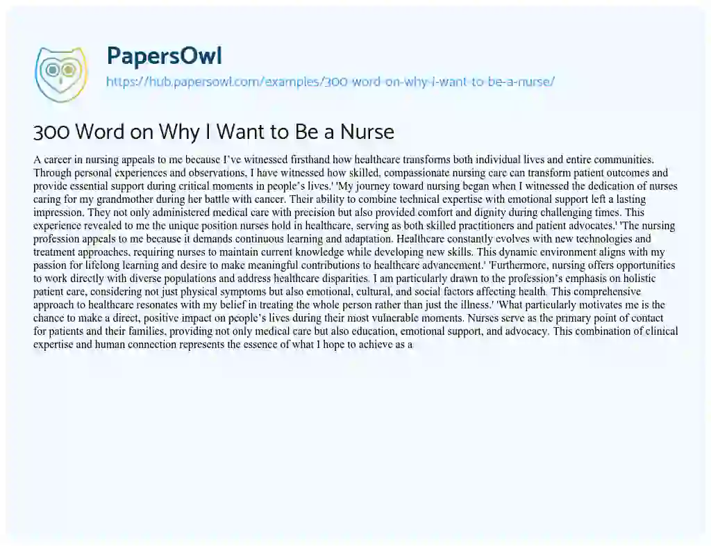 Essay on 300 Word on Why I Want to Be a Nurse