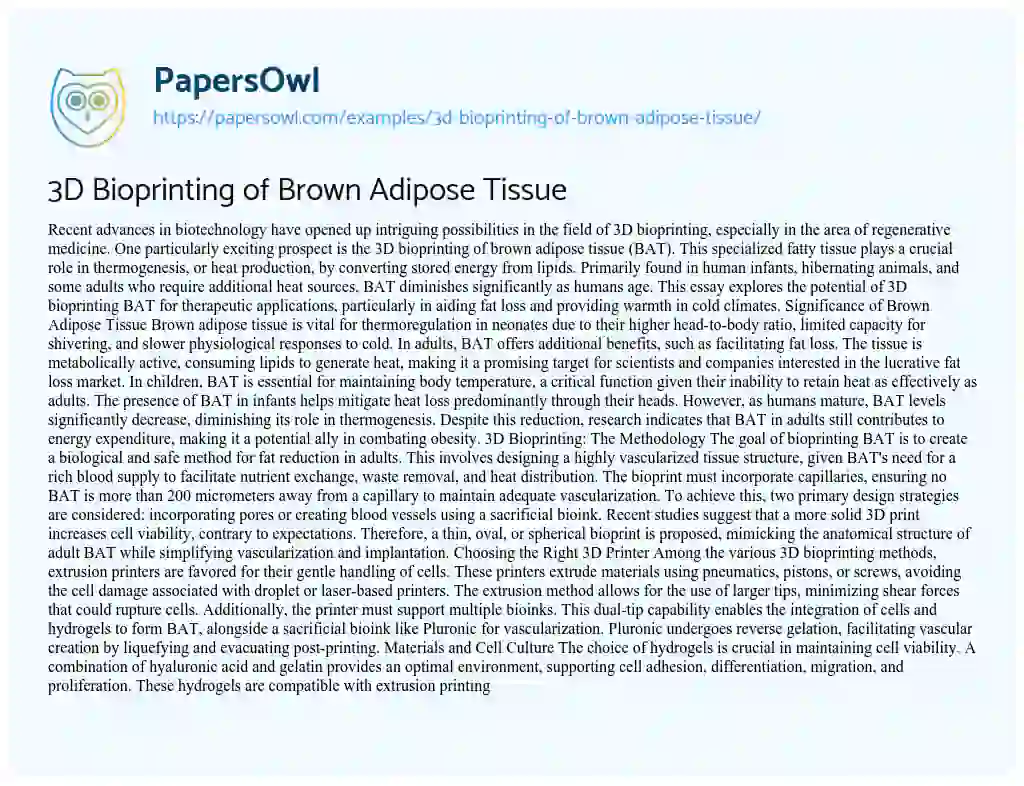 Essay on 3D Bioprinting of Brown Adipose Tissue