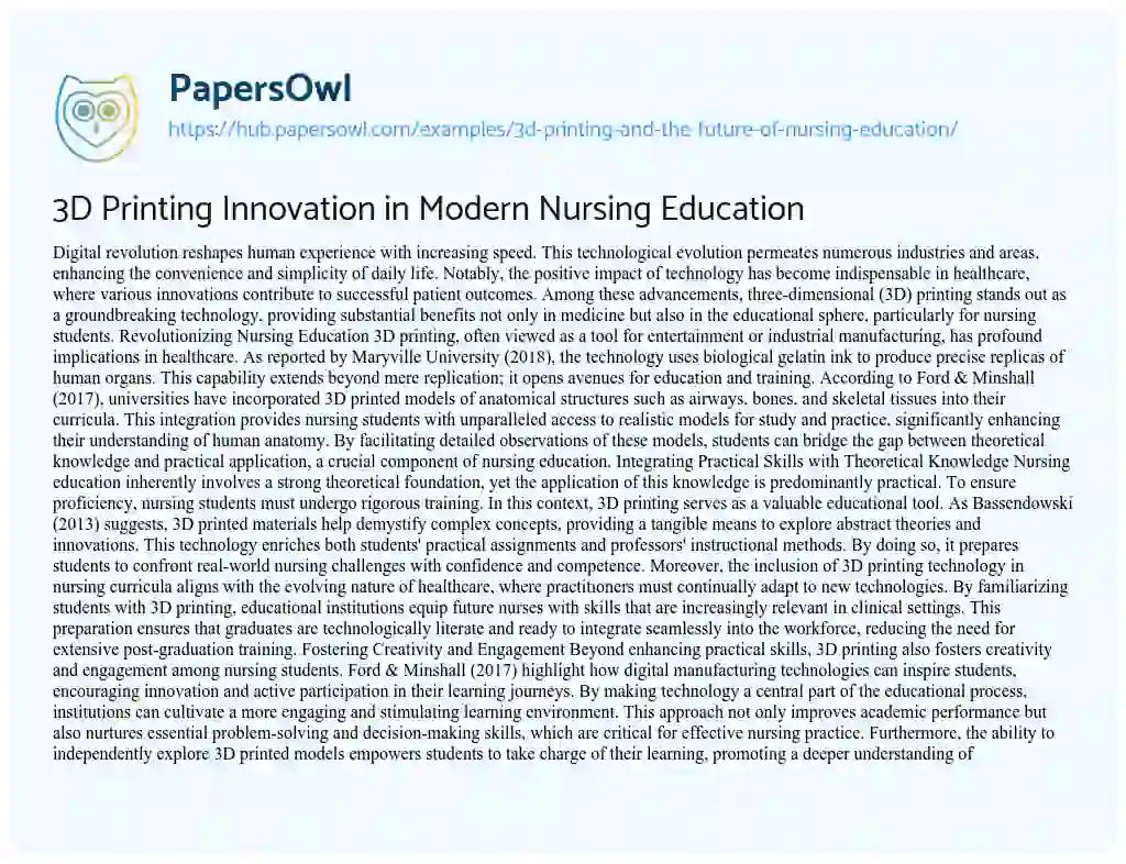 Essay on 3D Printing Innovation in Modern Nursing Education