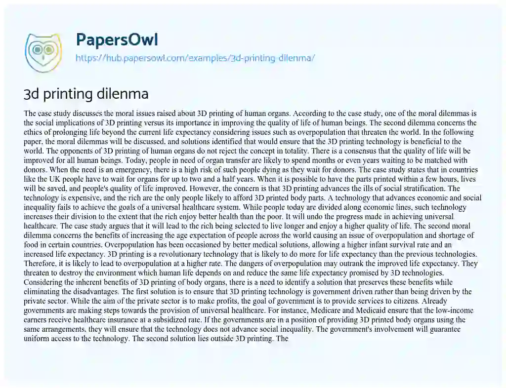 Essay on 3d printing dilenma
