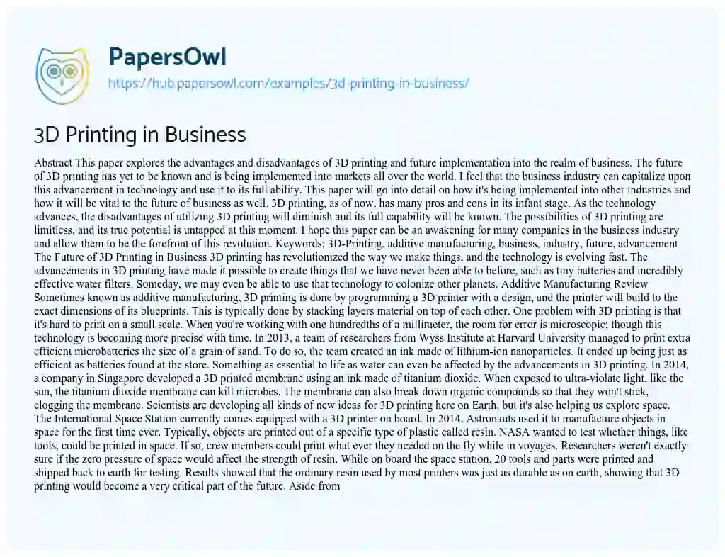 Essay on 3D Printing in Business