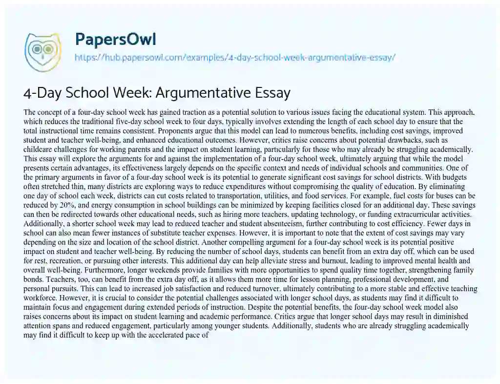 Essay on 4-Day School Week: Argumentative Essay