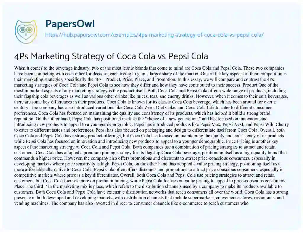 Essay on 4Ps Marketing Strategy of Coca Cola vs Pepsi Cola