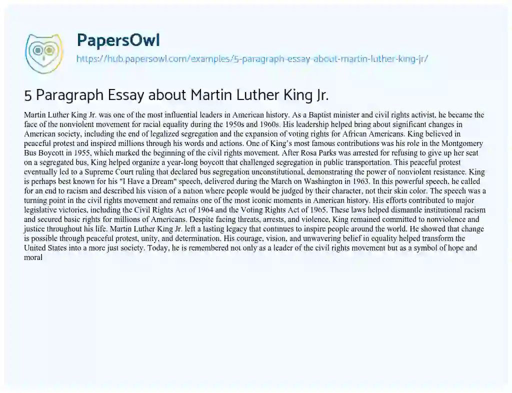 Essay on 5 Paragraph Essay about Martin Luther King Jr.