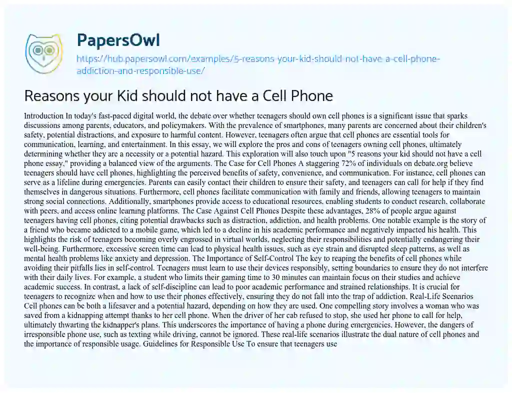 Essay on Reasons your Kid should not have a Cell Phone