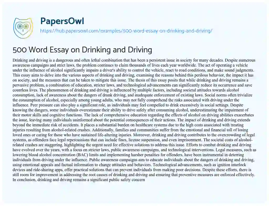 Essay on 500 Word Essay on Drinking and Driving