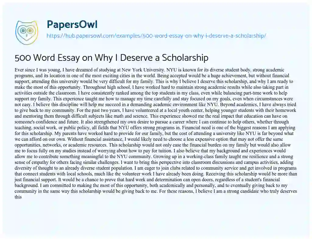Essay on 500 Word Essay on Why I Deserve a Scholarship