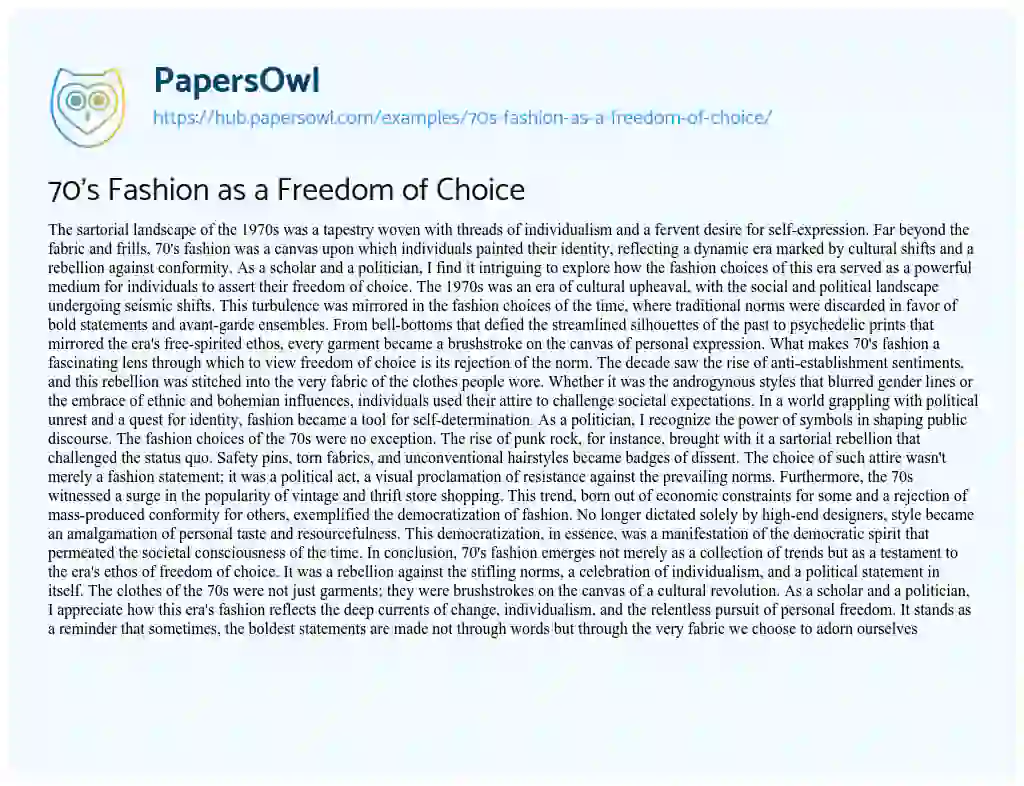 Essay on 70’s Fashion as a Freedom of Choice