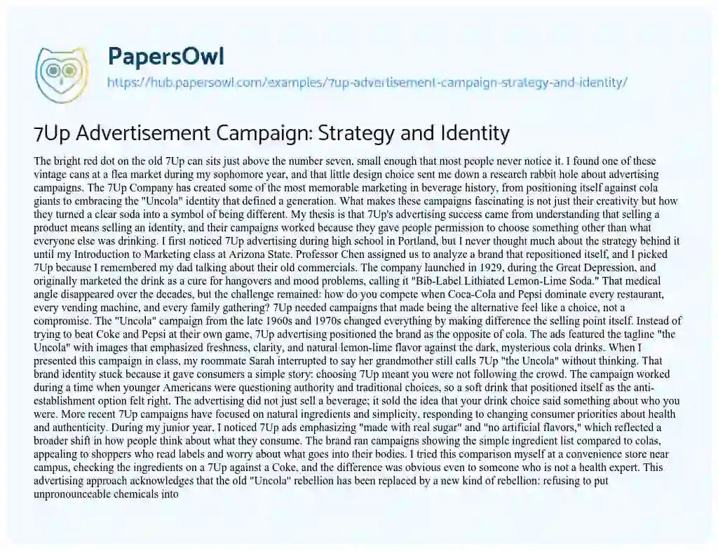 Essay on 7Up Advertisement Campaign: Strategy and Identity