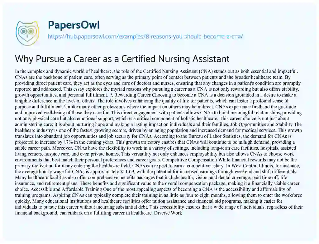 Essay on Why Pursue a Career as a Certified Nursing Assistant