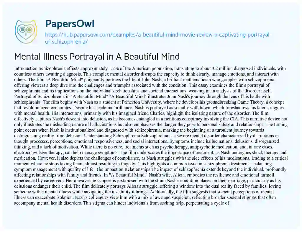Essay on Mental Illness Portrayal in A Beautiful Mind