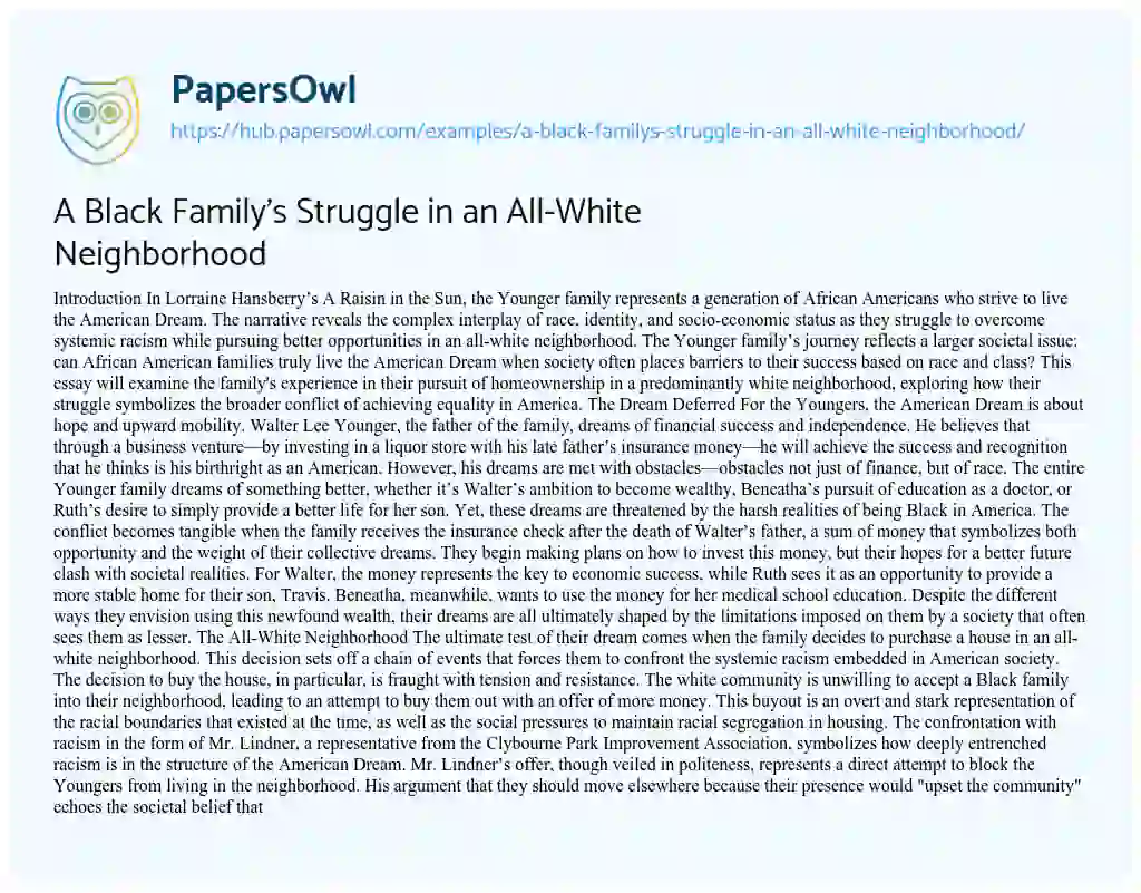 Essay on A Black Family’s Struggle in an All-White Neighborhood