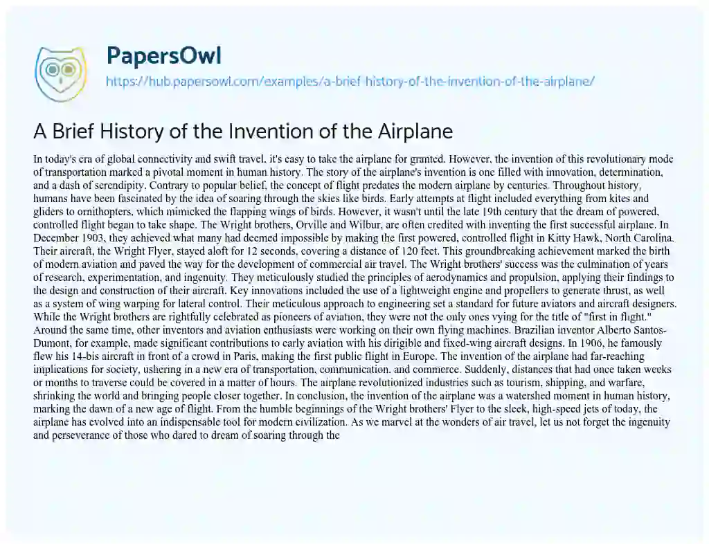 Essay on A Brief History of the Invention of the Airplane